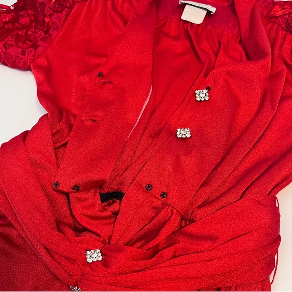 Vintage Claralura Red‎ Jumpsuit L/S Rhinestone Button Lace Sleeve USA 80s Glam - Picture 12 of 12